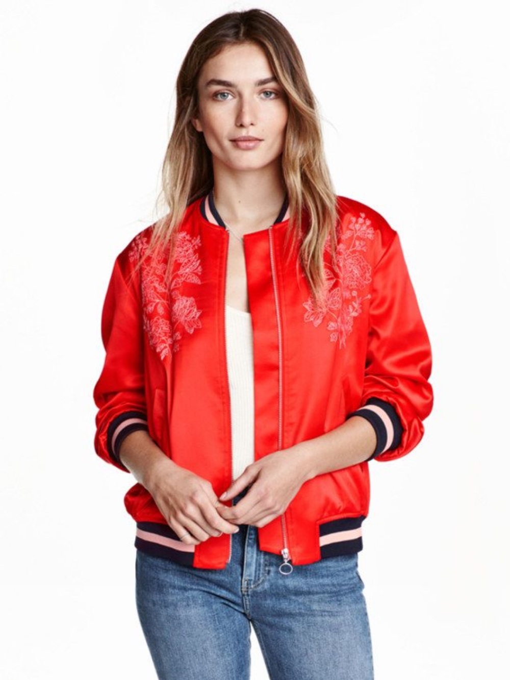 H&M Red Satin Bomber Jacket with Floral Embroidery and Striped Trim